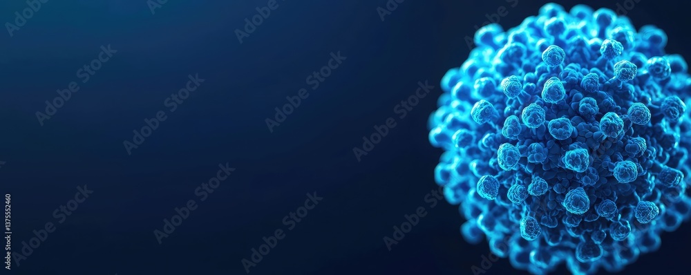 Poster Blue exosome particles in biotechnology and medical concept. Microscopic view of a virus particle with blue color scheme.