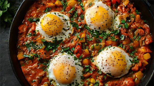 Spicy shakshuka with egg, red lentils, and cumin garnished with herbs