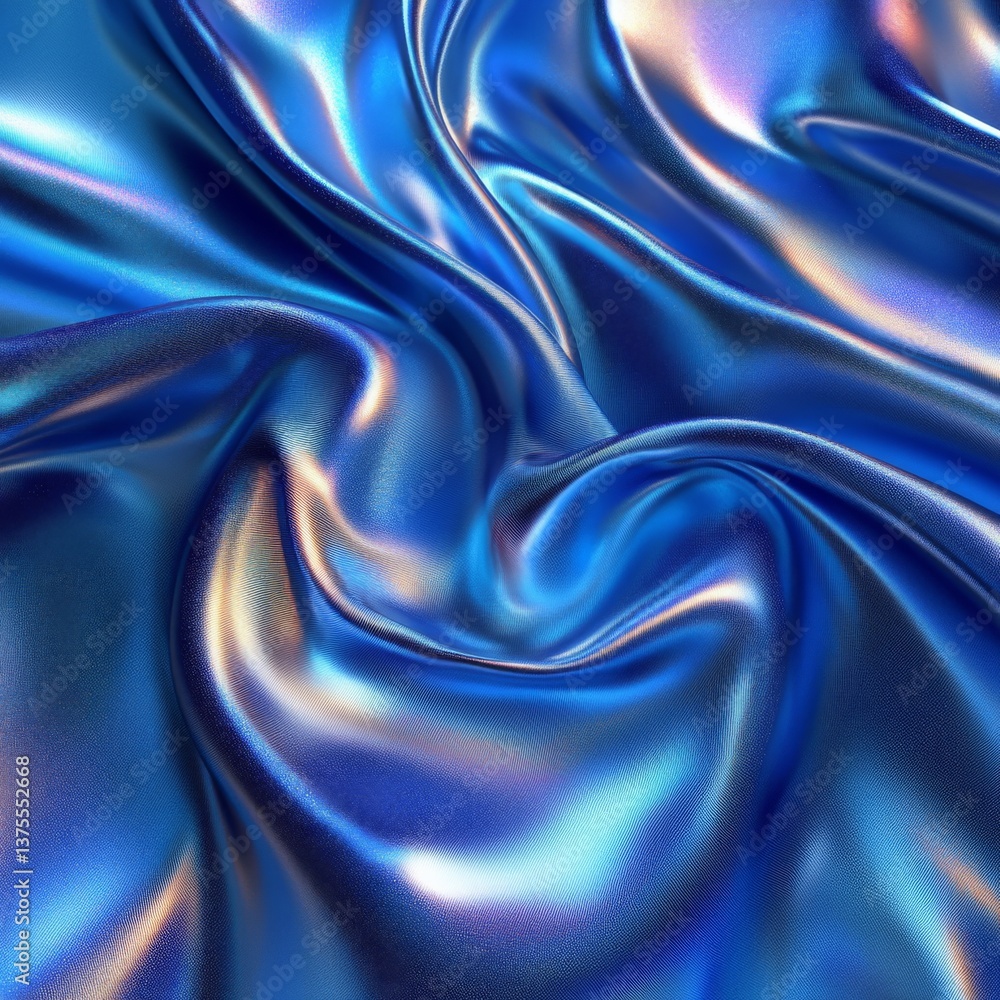 Poster shimmering depths: abstract waves of iridescent blue fabric with metallic accents and subtle texture