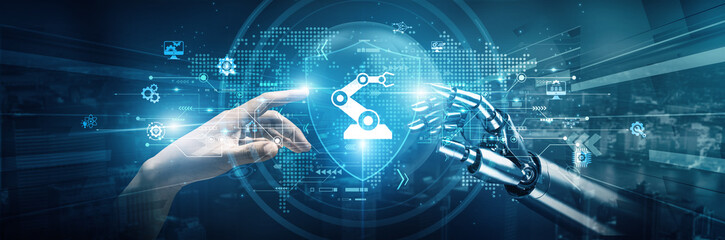 Hands of robot and human touch on Industry 4.0 signify collaboration in transforming manufacturing. Industry 4.0 integrates automation enhances data sharing improves efficiency ensures safety supports