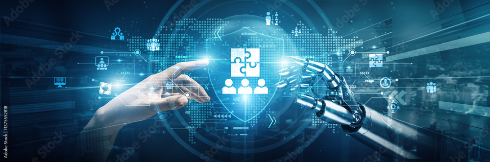 Poster hands of robot and human touch on teamwork signify collaboration in achieving shared goals. teamwork