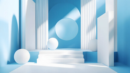 3d rendering of white and blue abstract geometric background. Scene for advertising, technology, showcase, banner, game, sport, cosmetic, business, metaverse. Sci-Fi Illustration. Product display