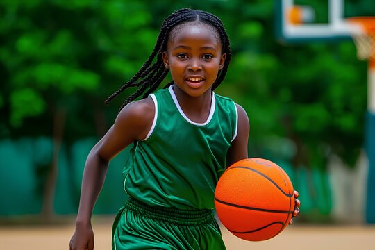 Determined African teenage girl basketball player with braided hair in green uniform focused on dribbling outdoors.
