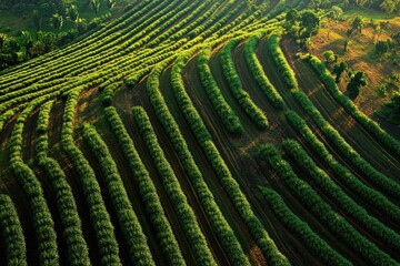 Fototapeta premium Flying over neat rows of coconut plantations under the warm sun in a tropical landscape, Flying over the even rows and plantations of coconut trees