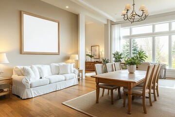 Fototapeta premium Bright and spacious living and dining area with white sofa and wooden dining table and chairs near window