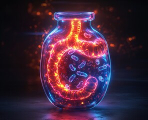 Helicobacter pylori Bacterium Illustration in the Human Stomach Anatomy with Glowing Effects and Dark Atmospheric Background