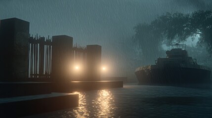 A moody depiction of a rainy night with a ghostly ship illuminated by headlights, creating an eerie and suspenseful atmosphere in a deserted harbor.