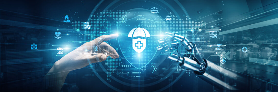 Hands of robots and human touch on Insurance signify collaboration in transforming risk management. Insurance integrates AI-driven tools enhances fraud detection automates claims processing improves.