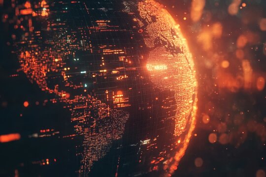 Digital globe illuminated by glowing data streams showcasing global connectivity and technology integration, globe and digital data processing over glowing spots on dark background - Powered by Adobe