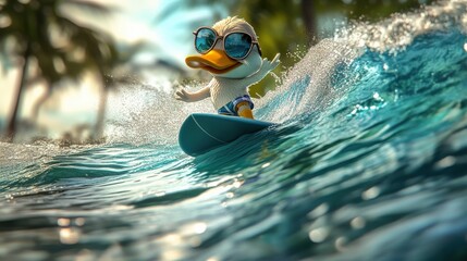 A cartoon duck in sunglasses rides the waves joyfully, embodying the fun and excitement of summer surfing adventures on a sunny beach day.