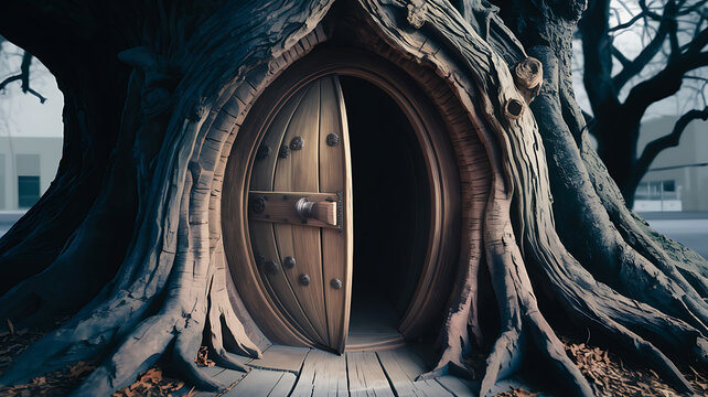 Ancient tree trunk reveals a round, wooden door, hinting at a hidden world beyond.