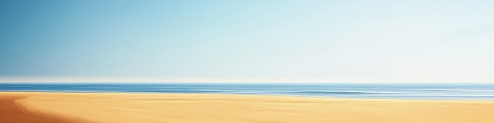A tranquil beach view with golden sands and a calm ocean, framed by clear skies, leaving room for text or branding.