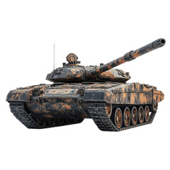 A weathered battle tank, a silent sentinel of past conflicts, stands resolute against a stark white background, its burnt orange and black camouflage hinting at hard-fought battles and untold stories.