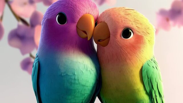 Colorful parakeets share a tender moment in a cherry blossom setting