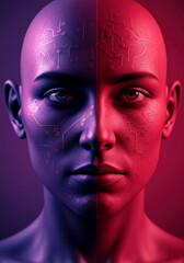 Cybernetic woman with glowing skin in neon light, futuristic and creative portrait for AI, digital identity, metaverse and science fiction themed commercial use