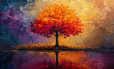Vibrant Abstract Expressionist Tree in Colourful Meadow with Reflection Oil Painting
