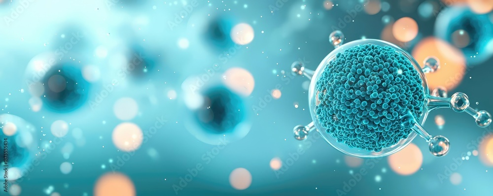 Poster blue exosome particles in cosmetology biotechnology concept. close-up of virus structures in a digit