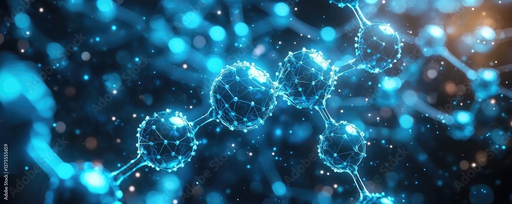 Poster blue exosome particles in biotechnology and medical concept. abstract molecular structure with glowi