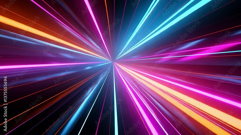 Poster abstract neon rays: a dynamic display of neon light streaks radiating outward from a central point, 