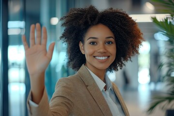 Afro business woman waving hello in modern business center during daytime, Afro business woman waving hand in business center Woman saying hi in office