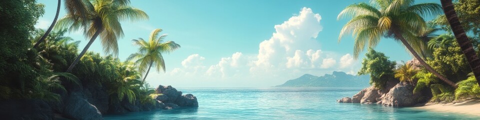 Obraz premium A tropical island landscape with turquoise water and palm trees, framed by open skies for text or caption placement.