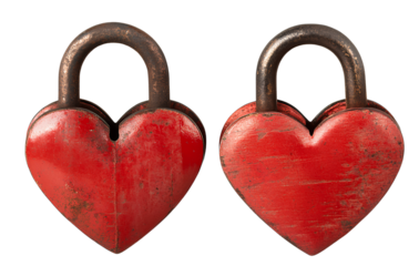 Two red heart-shaped locks isolated on a transparent background