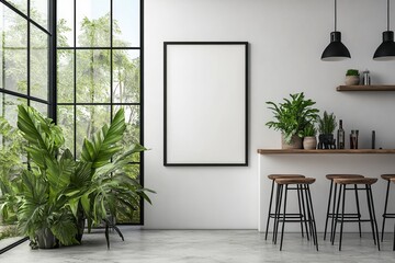 Interior space with a blank framed poster, plants, bar stools, and a large window view of trees