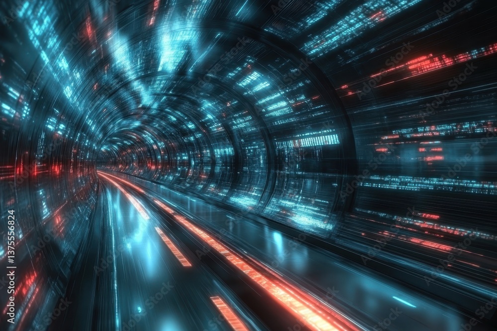 Poster an abstract representation of a high-speed tunnel illuminated by vibrant blue and red lights