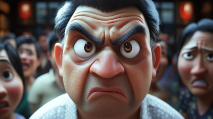 A menacing 3D-animated character with an angry expression, brimming with emotion, capturing the essence of frustration and intensity in a playful artistic style.