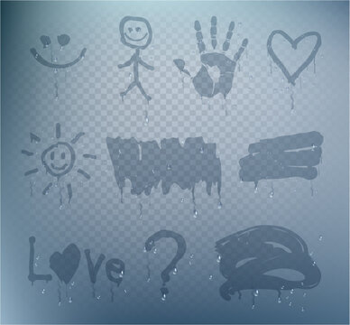 Steamy window with hand drawn signs. Vector realistic style vapor on glass or mirror. Surface with symbols and drips of water. Condensation or steam in bathroom. Liquid flow, droplets wipe