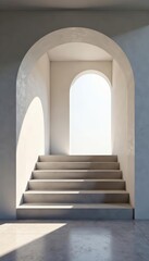 Abstract interior with geometric concrete stairway leading up to empty archway, modern, industrial
