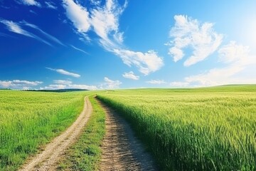 Fototapeta premium Scenic road winding through a lush green wheat meadow under a clear blue sky, Road lane in green meadow of wheat and deep blue sunny sky Nature and agriculture scene