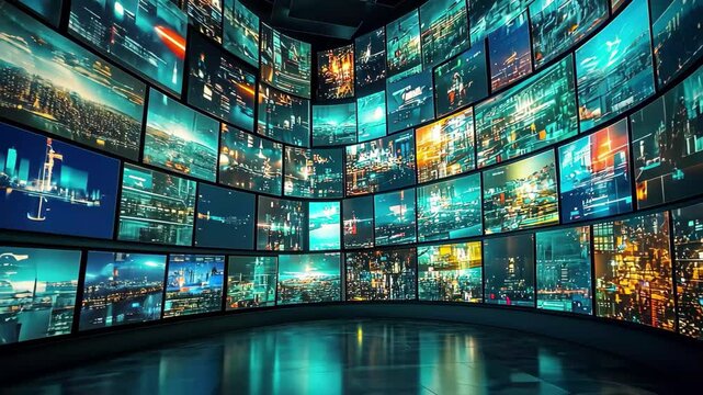 Futuristic video wall displaying dynamic cityscapes in a high tech environment, Futuristic video wall with multiple screens, offering a panoramic view of multimedia broadcasting