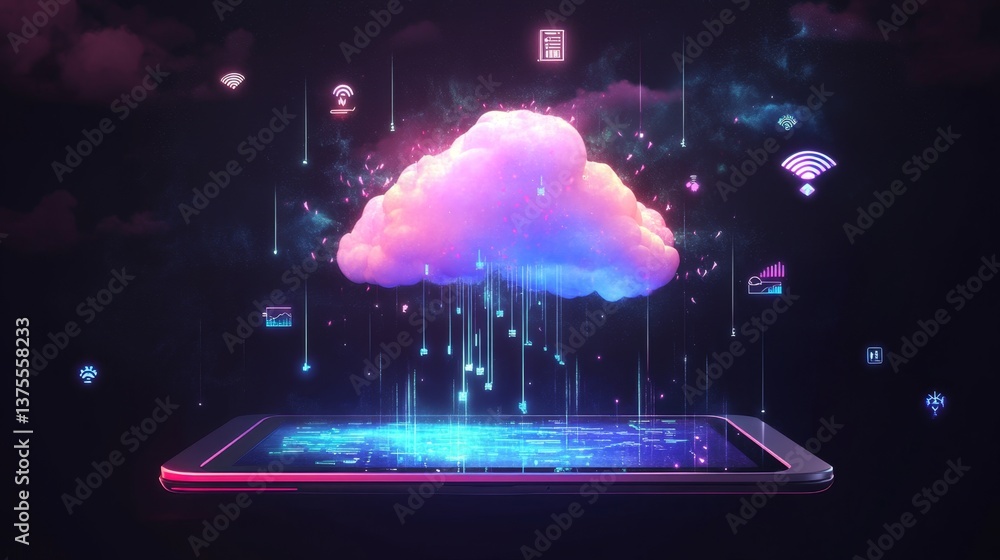 Aufkleber glowing ai screen floating above a digital tablet, displaying weather updates, smart tasks, and syst