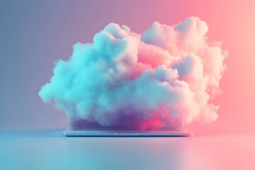 Laptop Spewing Colorful Clouds with Soft Pink and Blue Hues Against a Gradient Background
