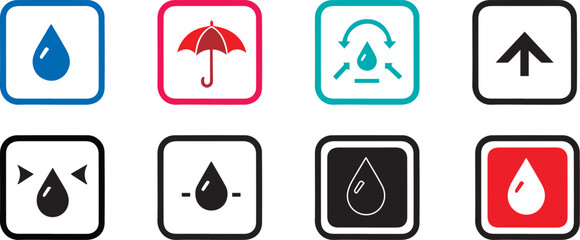 Shipping and Handling Icons: Water Drop, Umbrella, Arrow Up, Fragile, Keep Dry, Handle with Care, Packaging Symbols