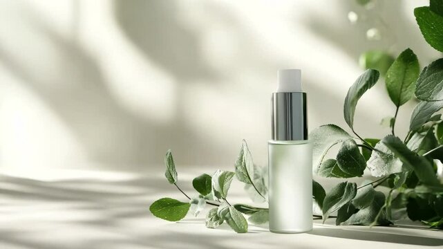 A minimalist cosmetic serum bottle with a sleek silver pump sits on a neutral surface, surrounded by fresh green leaves and bathed in soft natural light. The composition emphasizes purity, nature