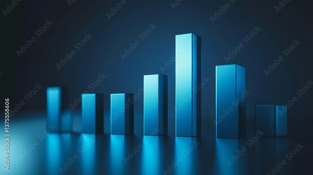 Poster minimalist d bar chart with ascending blocks in blue tones, subtle reflections on a glossy surface