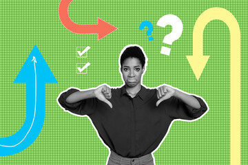 Poster sketch image artwork 3D photo collage of silhouette young lady bad mood thumb down arrow ay point dislike check mark box question