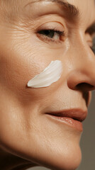A close-up of moisturizing cream swatch applied to the cheek of senior woman with wrinkled skin, product swatch