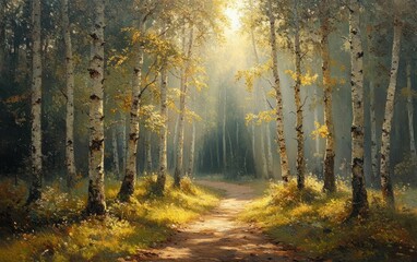 Obraz premium Serene Forest Scene with Birch Trees and Morning Light