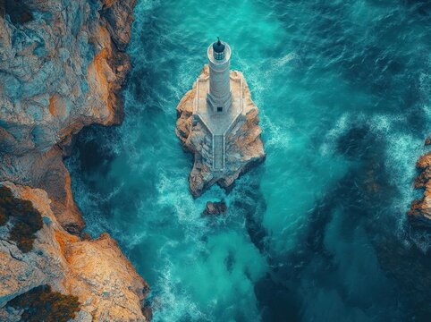 Aerial View of the Petit Minou Lighthouse Coastal Landscape in Brittany France with Turquoise Ocean Waves and Jagged Rocks
