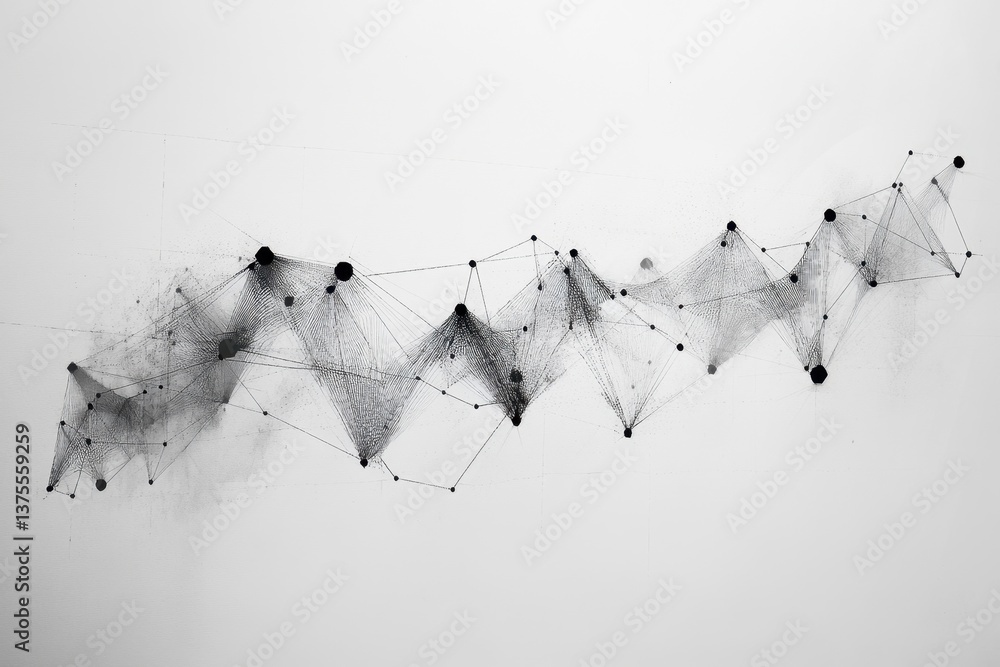 Poster fluctuating line graph illustrating network connections and data analysis trends over time, fluctuat