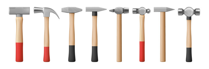 Hammers collection, isolated tools consisting of wooden and metal part. Vector mallet for driving nails and crushing rock. Handyman kit, instruments for fixing and repairing working