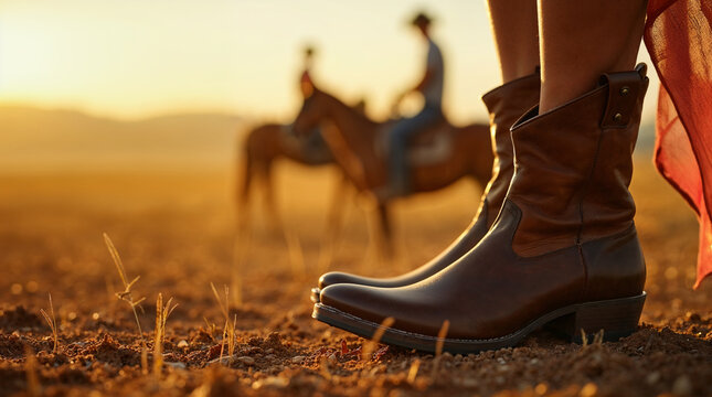 Botas vaqueras en paisaje rural al atardecer en llanura de Costa Rica