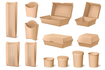 Eco paper packages for food and meal to go. Vector realistic set of takeaway meal. Recyclable containers and boxes, french fries and packets for bread and baked goods. Cups for soups and drinks
