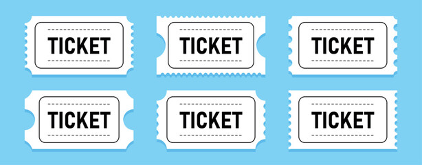 Various ticket designs are displayed against a light blue background. Each ticket features the word TICKET prominently, emphasizing their purpose for entry to events and activities.