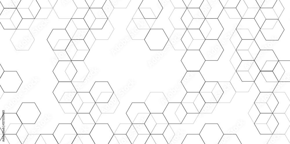 Poster Modern simple style seamless pattern with hexagonal graphic design. Geometric art deco texture mosaic white background. abstract molecular structures in technology, wallpaper background, vector.	