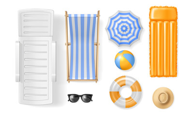 Beach elements for summer vacation and rest. Vector realistic style, isolated set of lounge chair, parasol and accessories. Sunglasses and lifebuoy, ball for games and hat protecting from sun © Sensvector