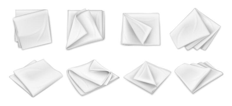 Cotton napkin or handkerchief for guests. Vector realistic isolated set of white cotton textile cloths. Towels or tissues, dishcloth for cleaning and wiping plates at home. Realistic cover